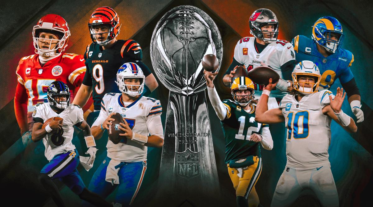 Eight of the biggest stars in the league surround a giant Lombardi Trophy.